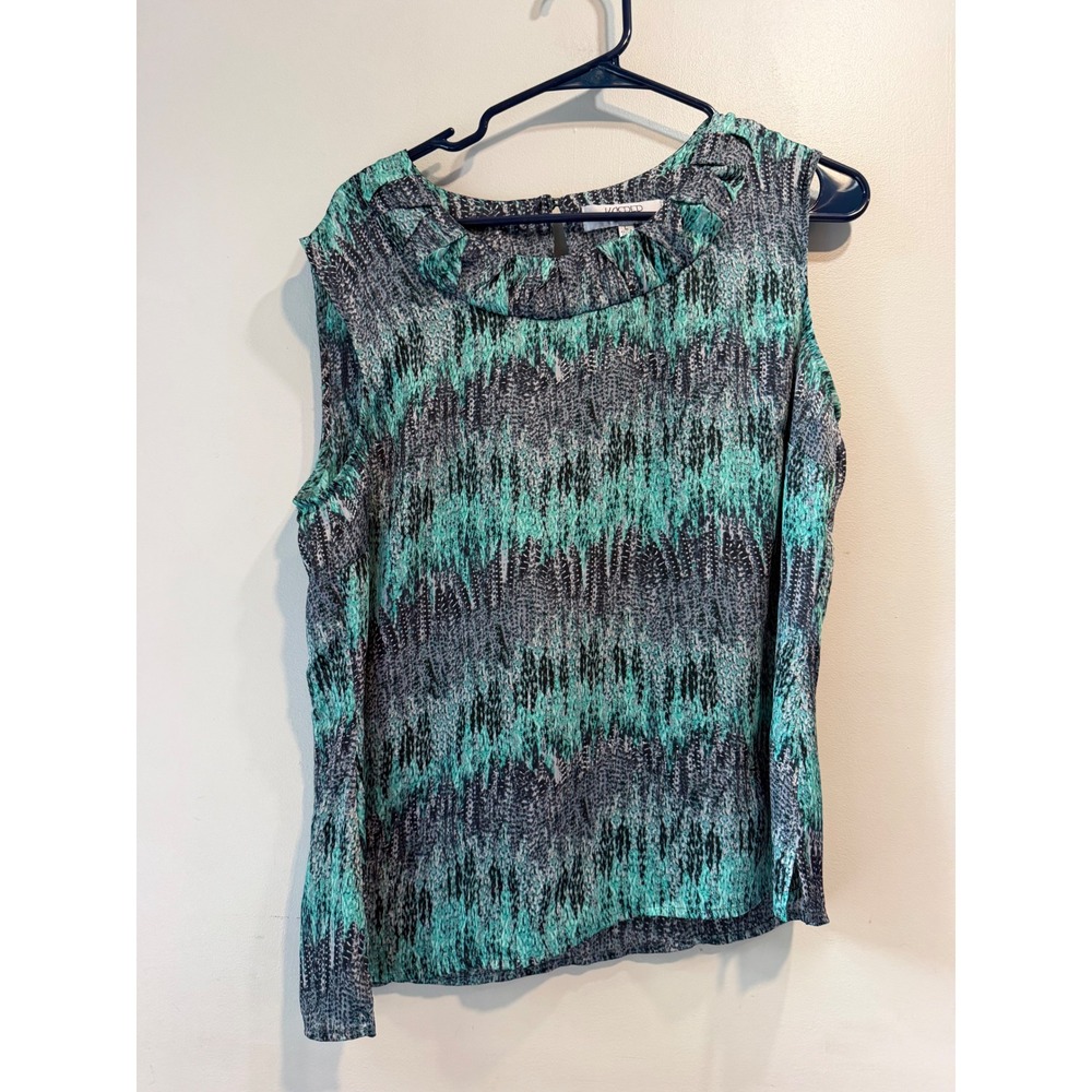 Kasper Womens Teal‎ Grey Abstract Print Ruffle Neck Sleeveless Blouse Large